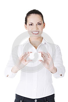 Beautiful smiling businesswoman with businesscard.