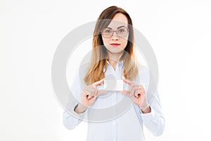 Beautiful smiling businesswoman with businesscard isolated on white background.Young girl posing with card. Copy space