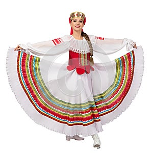 Beautiful smiling caucasian girl in belarussian folk costume isolated on white