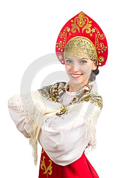 Beautiful smiling caucasian girl in russian folk costume