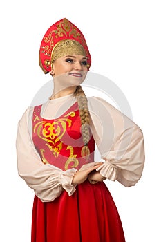 Beautiful smiling caucasian girl in russian folk costume on white