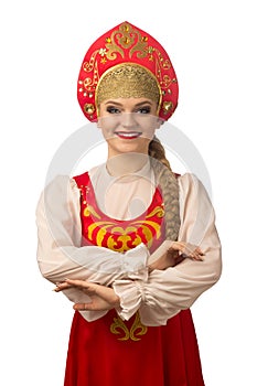 Beautiful smiling caucasian girl in russian folk costume on white