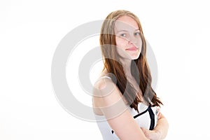Beautiful smiling confident businesswoman portrait of smiling cute woman in suit dress aside copyspace white background