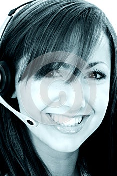 Beautiful Smiling Customer Service Representative In Cyan Tones