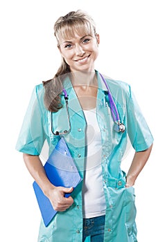 Beautiful smiling female doctor lloking at camera isolated portr photo