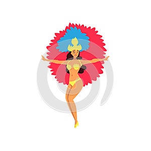 Beautiful Smiling Girl in Colorful Festival Costume, Brazilian Samba Dancer, Rio de Janeiro Carnival Vector Illustration