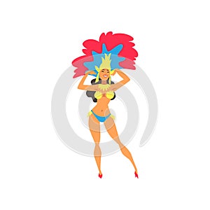 Beautiful Smiling Girl Wearing Colorful Festival Costume Dancing, Brazilian Samba Dancer, Rio de Janeiro Carnival Vector