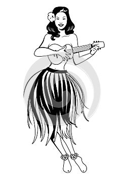 Beautiful and smiling Hawaiian girl wearing skirt of leaves playing ukulele isolated on white background.