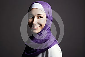 beautiful smiling islamic young woman with Make-up. beauty Happy girl in hijab