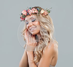 Beautiful Smiling Lady with Flowers, Wavy Hair