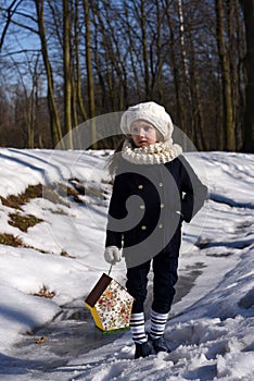 A beautiful smiling little girl holding a bird house in a park