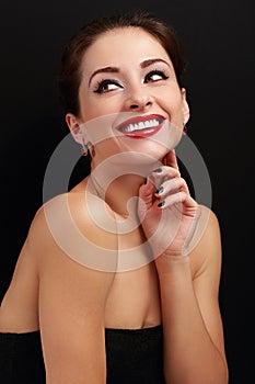 Beautiful smiling makeup woman with red lipstick looking happy