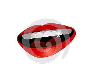 Beautiful smiling open mouth with red sexy lips and shining white teeth 3d realistic icon