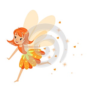 Beautiful smiling orange Fairy girl flying colorful cartoon character vector Illustration