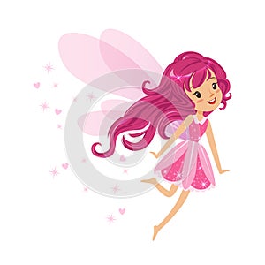 Beautiful smiling pink Fairy girl flying colorful cartoon character vector Illustration