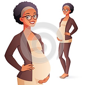 African American smiling pregnant business woman. Full length isolated vector illustration.