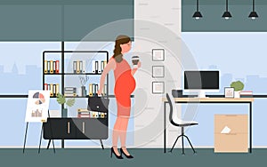 Beautiful smiling pregnant business woman holding coffee, starting work day in in office