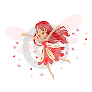 Beautiful smiling red Fairy girl flying colorful cartoon character vector Illustration