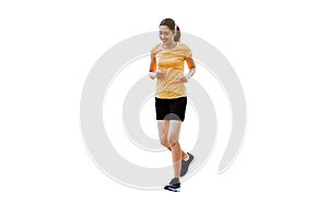 Beautiful smiling thai women is jogging, running isolated on  background.