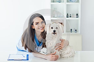 Beautiful smiling veterinarian doctor and cute white dog