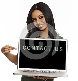 Beautiful smiling woman contact us computer