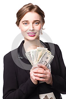 Beautiful smiling woman with a handful of dollars