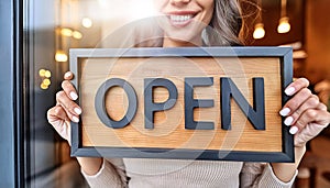 Beautiful Smiling Woman Holding an OPEN Sign on the Door of Her Store - Generative Ai