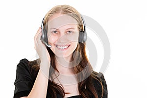 Beautiful smiling woman support call center girl in headphones on white background