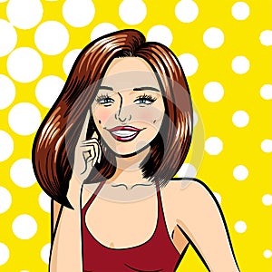 A beautiful smiling woman. Vector isolated illustration on a yellow dotted background.