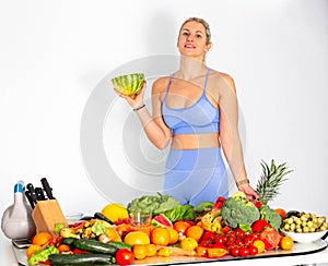 Beautiful smiling woman with vegetables. Fresh vegetables fruites.