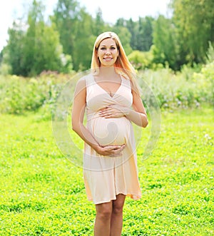 Beautiful smiling young pregnant woman in dress