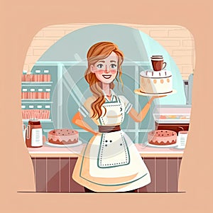 Beautiful smiling young woman, in an apron, proud owner of a small cafe specializing in coffee and baked treats