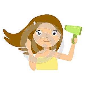 Beautiful smiling young woman drying her hair with hairdryer vector illustration