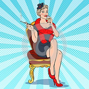 Beautiful Smoking Woman with Glass of Champagne. Femme fatale. Pop Art Retro illustration