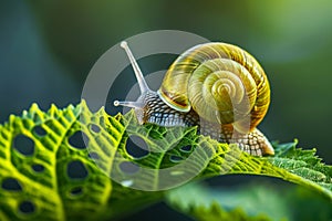 a beautiful snail with a bright green house eating a plant leaf