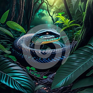 Beautiful snake in the jungle. 3d rendering, 3d illustration. generative AI