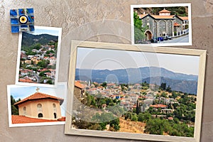 Beautiful snapshots of various Cyprus landscapes, villages, monastery in wooden frames arranged on rustic background