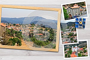 Beautiful snapshots of various Cyprus landscapes, villages, monastery in wooden frames arranged on rustic background