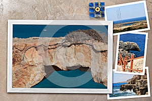 Beautiful snapshots of various Cyprus landscapes in wooden frames arranged on rustic background, with copy space