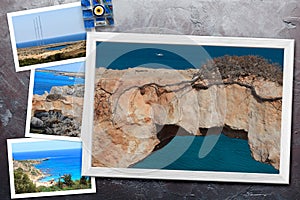 Beautiful snapshots of various Cyprus landscapes in wooden frames arranged on rustic background, with copy space