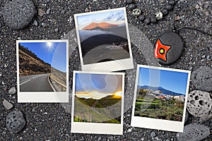 Beautiful snapshots of various Tenerife landscapes and landmarks arranged on black volcanic background