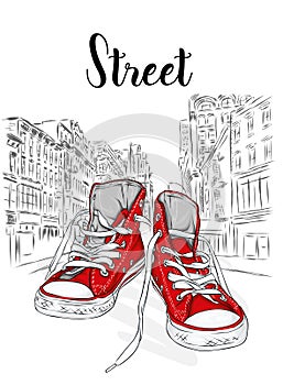 Beautiful sneakers. Vector illustration for a picture or poster. Youth shoes. Sports, running and walking.