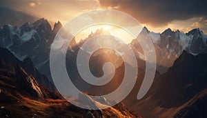 mountain peaks in the rays of the setting sun.