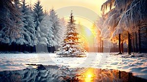 Beautiful with snow christmas tree in a snowy winterlandscape. Dreamy and abstract magical winter landscape