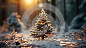 Beautiful with snow christmas tree in a snowy winterlandscape. Dreamy and abstract magical winter landscape