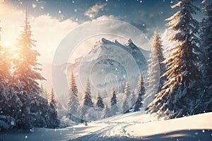 Beautiful snow-covered forest day fir trees, pines, it\'s snowing. Mountains and the sun.