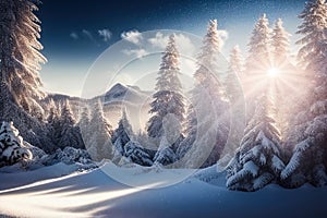 Beautiful snow-covered forest day fir trees, pines, it\'s snowing. Mountains and the sun.