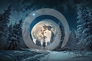 Beautiful snow-covered forest at night, fir trees, pines, it\'s snowing. Mountains and the moon.