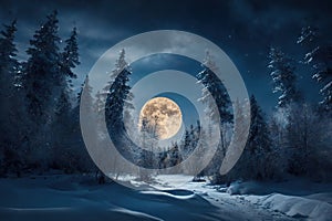 Beautiful snow-covered forest at night, fir trees, pines, it\'s snowing. Mountains and the moon.
