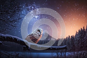 Beautiful snow-covered forest at night, owl, fir trees, pines, it\'s snowing. Moon.